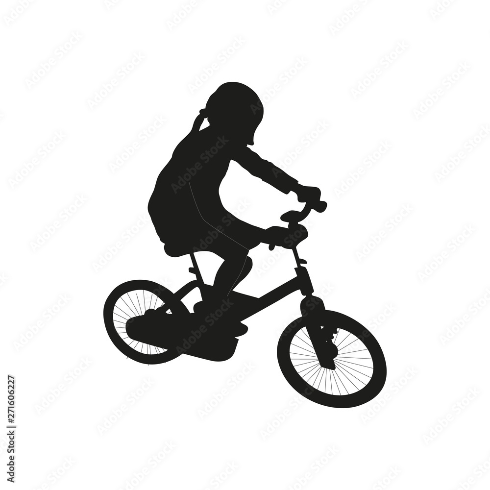 Obraz premium Isolated icon of blak silhouette of child girl on bicycle on white background.