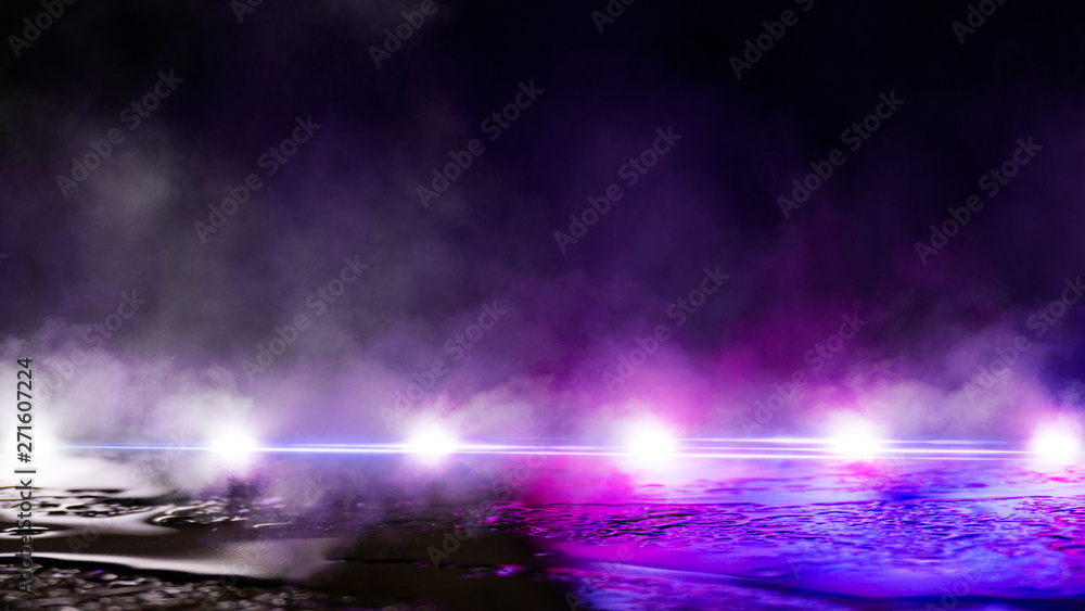 Empty street scene background with abstract spotlights light. Night view of street light reflected on water. Rays through the fog. Smoke, fog, wet asphalt with reflection of lights. Blue and pink neon