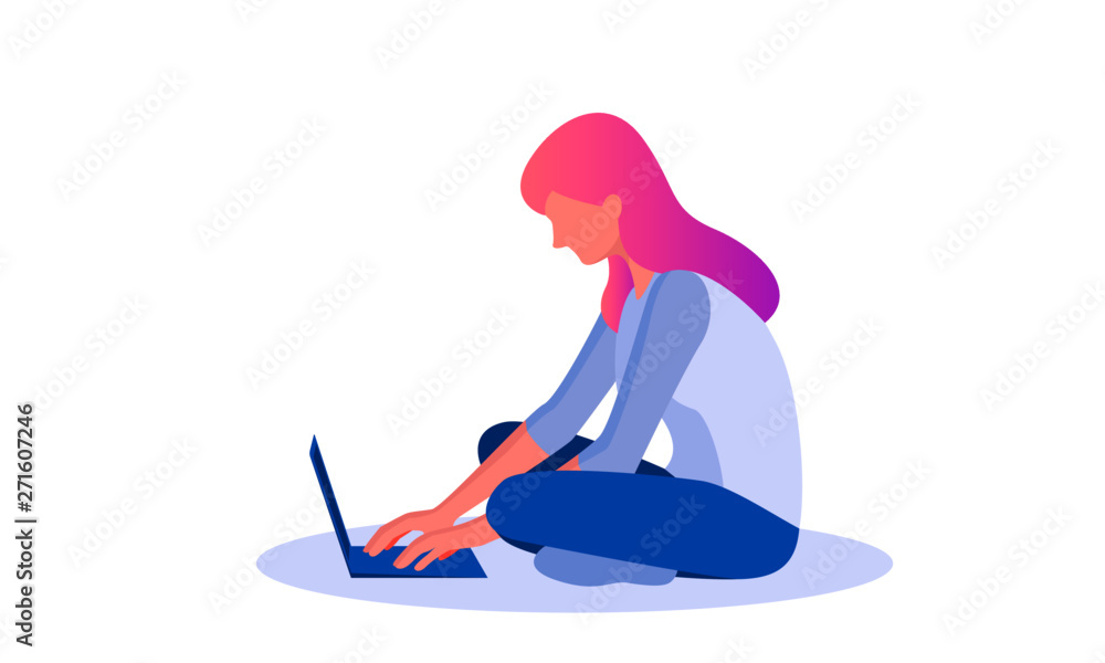 Young girl with laptop vector illustration. Flat female character sitting with notebook, working or surfing internet. Freelance concept. Side view. Isolated on white background.
