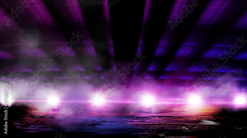 Empty street scene background with abstract spotlights light. Night view of street light reflected on water. Rays through the fog. Smoke, fog, wet asphalt with reflection of lights. Blue and pink neon