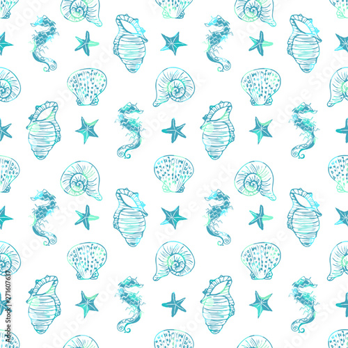Elegant vector shiny blue and white seahorse, starfish and seashell seamless pattern background.