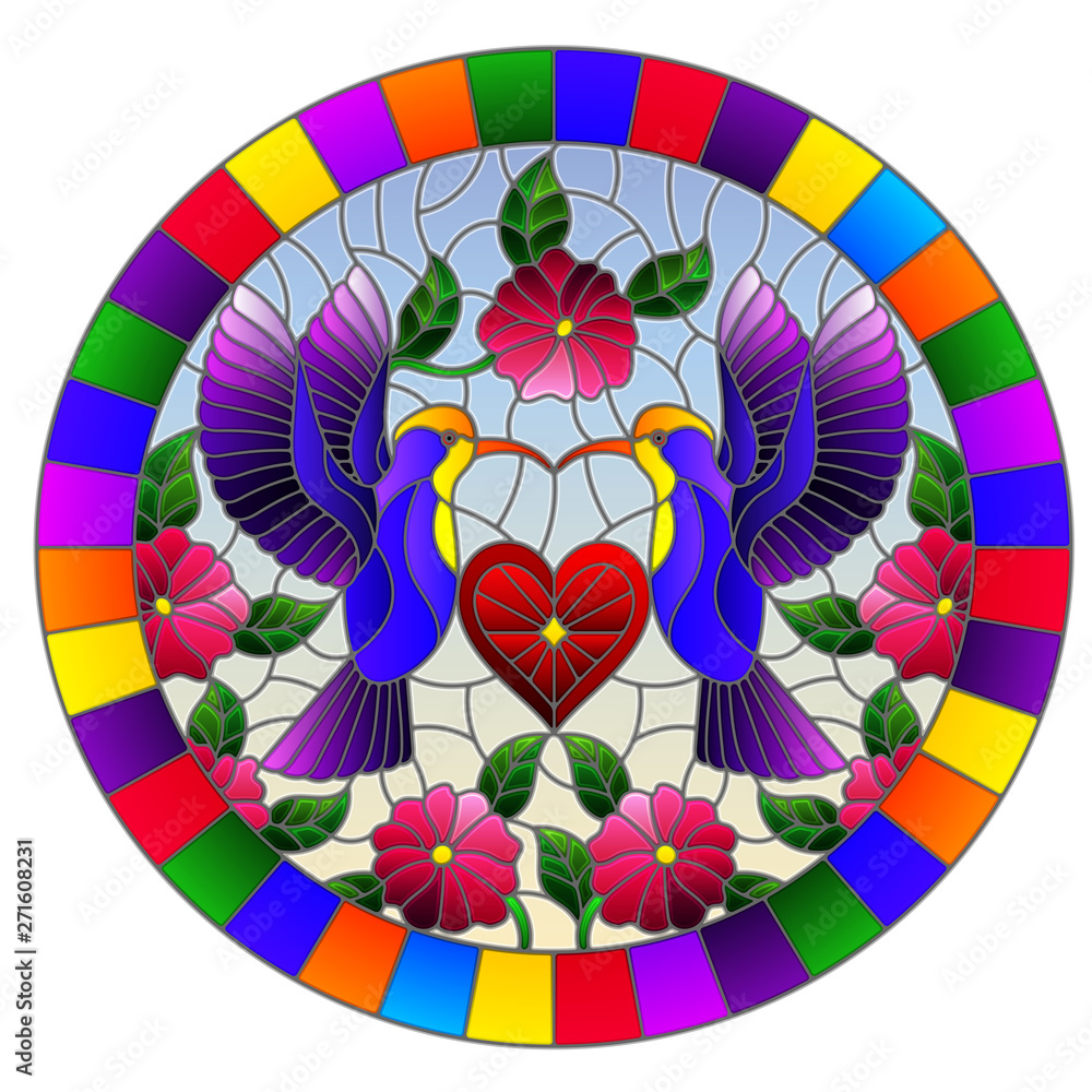 Obraz premium Illustration in stained glass style with a pair of hummingbirds and a heart against the sky and flowers,oval image in bright frame