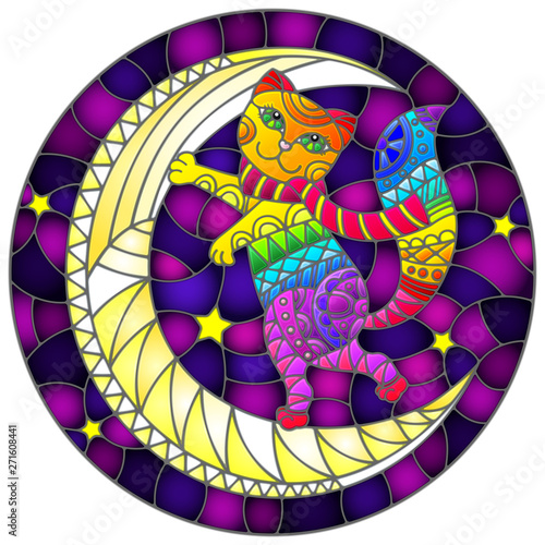 Illustration in stained glass style with fabulous rainbow kitten  on the moon on a starry sky background, round image 