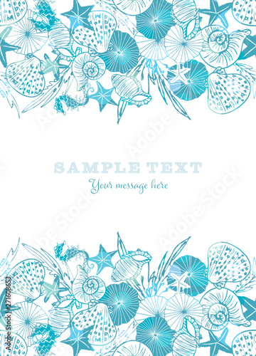Elegant white and blue vector seahorse, starfish and seashell card or brochure template.