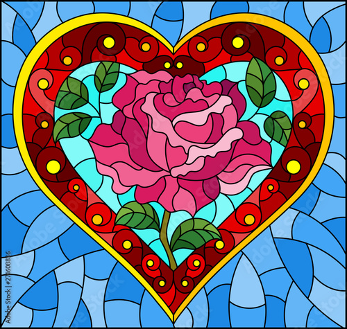 Illustration in stained glass style with bright red heart and rose flower on blue background