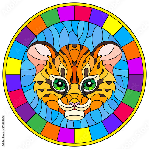 Illustration in stained glass style with baby leopard head on blue background , round picture in bright frame