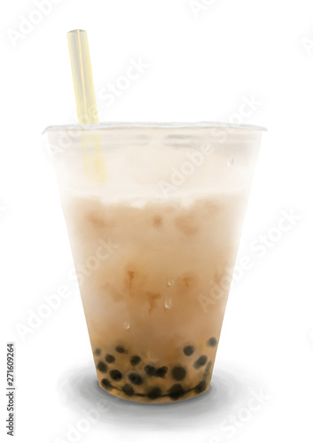 The Digital Painting of Taiwanese Brown Sugar Bubble Milk Tea in Realism Art Style
