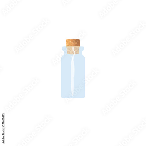 Oil empty phial with cork, tranparent icy-white vial, scent bottle, medicine bottle, jar. For drugs, pills,
