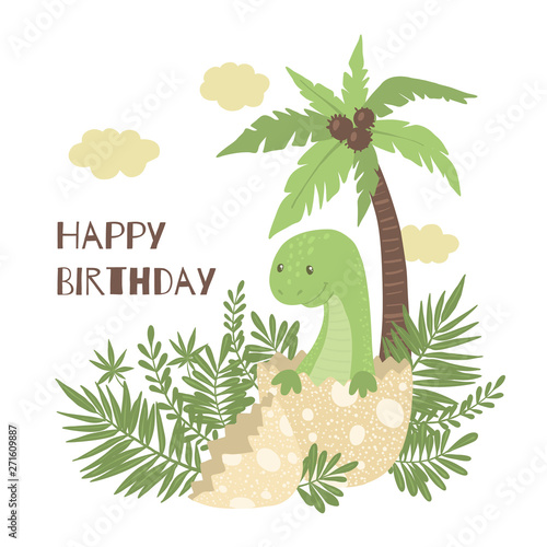 Cute cartoon baby dinosaur hatching from egg.
