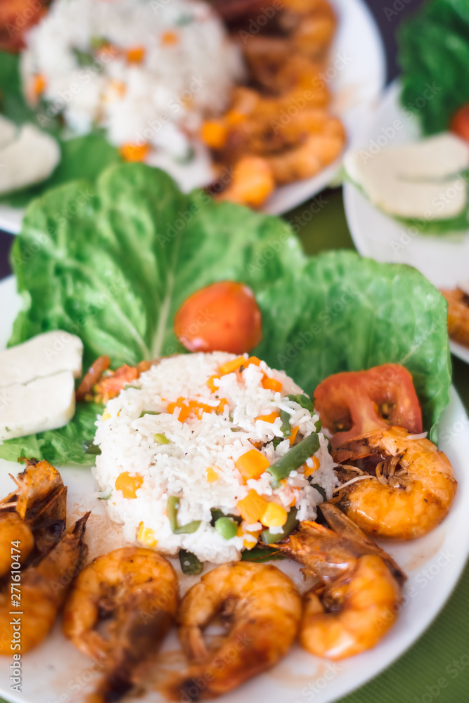 Stir fry rise with vegetables and grilled shrimps seafood Stir fry rise with vegetables and grilled shrimps seafood