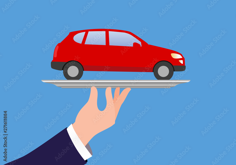 Concept commercial pour la vente d’automobiles, avec une main qui présente une voiture rouge sur un plateau d’argent. Concept commercial pour la vente d’automobiles, avec une main qui présente une voiture rouge sur un plateau d’argent.