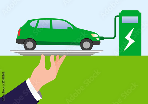 Concept commercial pour la vente d’automobiles électriques, avec une main qui présente une voiture verte sur un plateau d’argent.