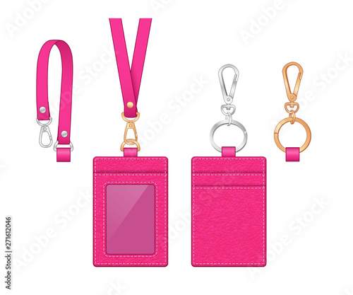 fuchsia vertical name tag and neck strap, leather texture ID work badge card holder with front window/ plastic membrane shield and slot in at the back, vector illustration sketch template isolated
