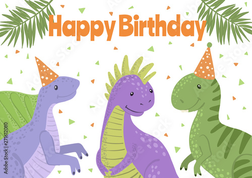 Fototapeta Naklejka Na Ścianę i Meble -  Vector Happy Birthday card with cute dinosaurs.