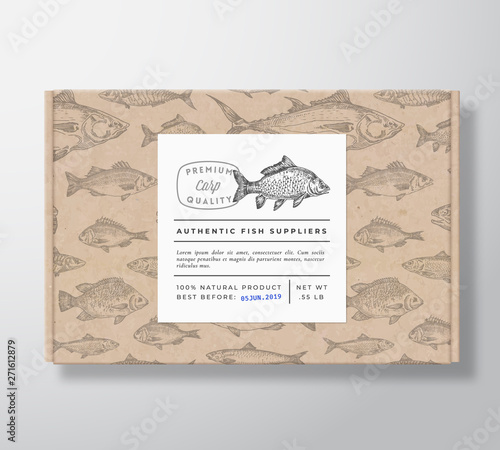 Fish Pattern Realistic Cardboard Box with Banner. Abstract Vector Packaging Design or Label. Modern Typography, Hand Drawn Carp Silhouette. Craft Paper Background Layout.
