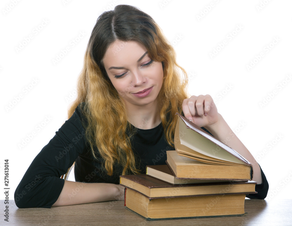 girl looking old books and smiling isolated on white background girl looking old books and smiling isolated on white background