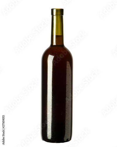 Dirty uncorked bottle of red wine in a dark bottle