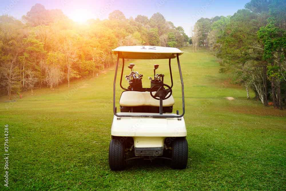 Golf cart on fairway in golf course.