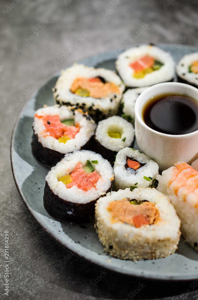 Fresh asian sushi box on the table Fresh asian sushi box on the table