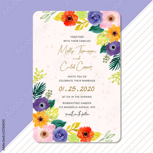 wedding invitation with tropical watercolor floral frame