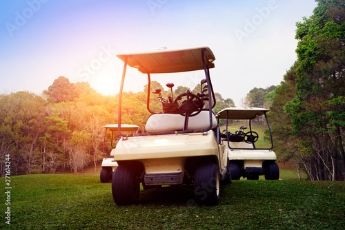Golf cart on fairway in golf course.