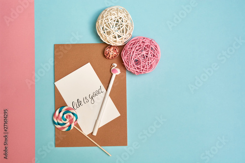 Back to school, school supplies, blue and pink