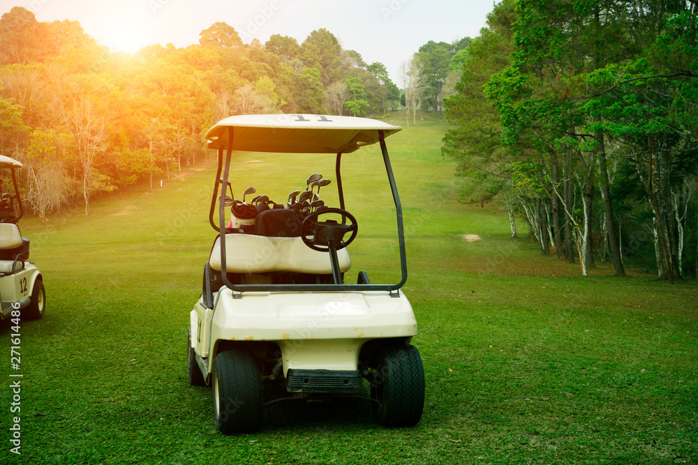 Golf cart on fairway in golf course.