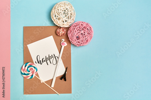 Back to school, school supplies, blue and pink