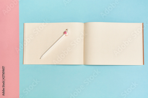 Back to school, school supplies, blue and pink