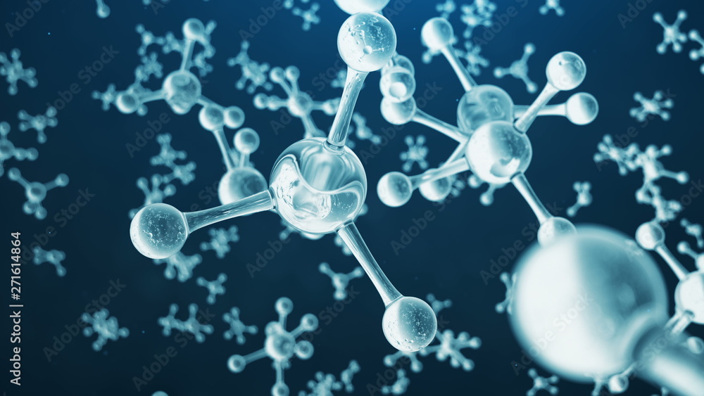 3D rendering molecule structure. Scientific medical background with atoms  and molecules. Scientific animation for your banner, flyer, template, text.  Molecule consists of atoms chemical element Stock Illustration | Adobe Stock