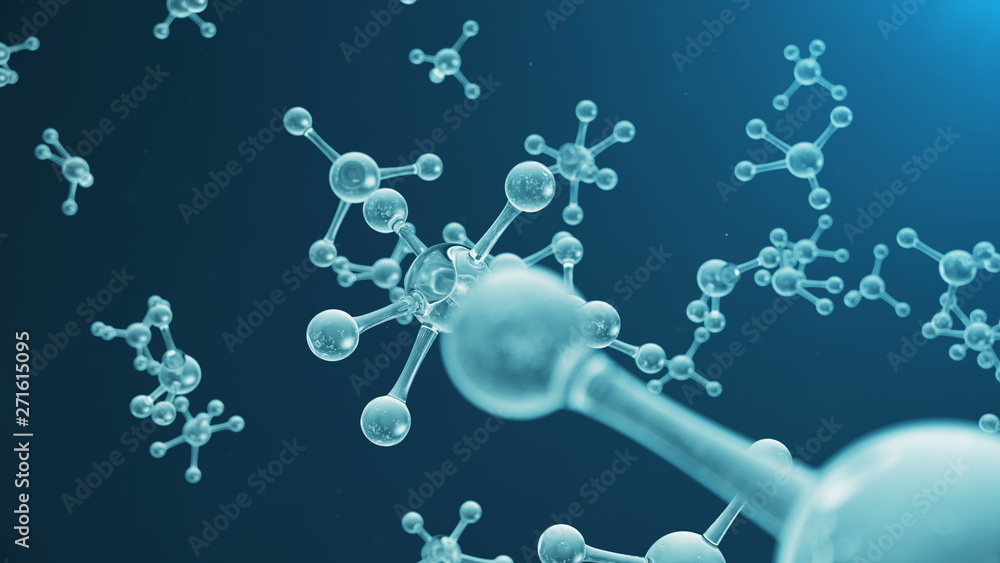 3D rendering molecule structure. Scientific medical background with atoms  and molecules. Blue background. Scientific animation for your banner, text.  Molecule consists of atoms chemical element Stock Illustration | Adobe Stock
