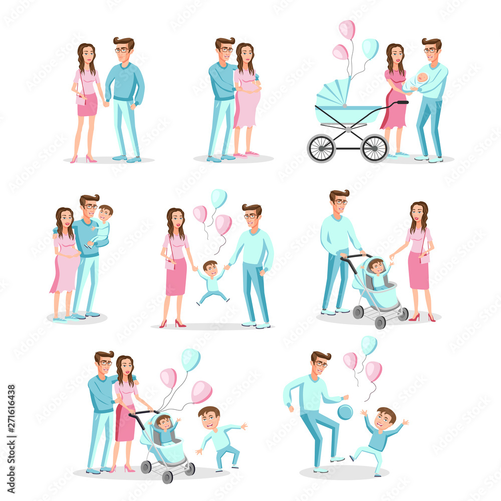 Set of characters the family. Creation, birth of children, care and upbringing. Mother, father, daughter and son. Vector illustration in a flat style