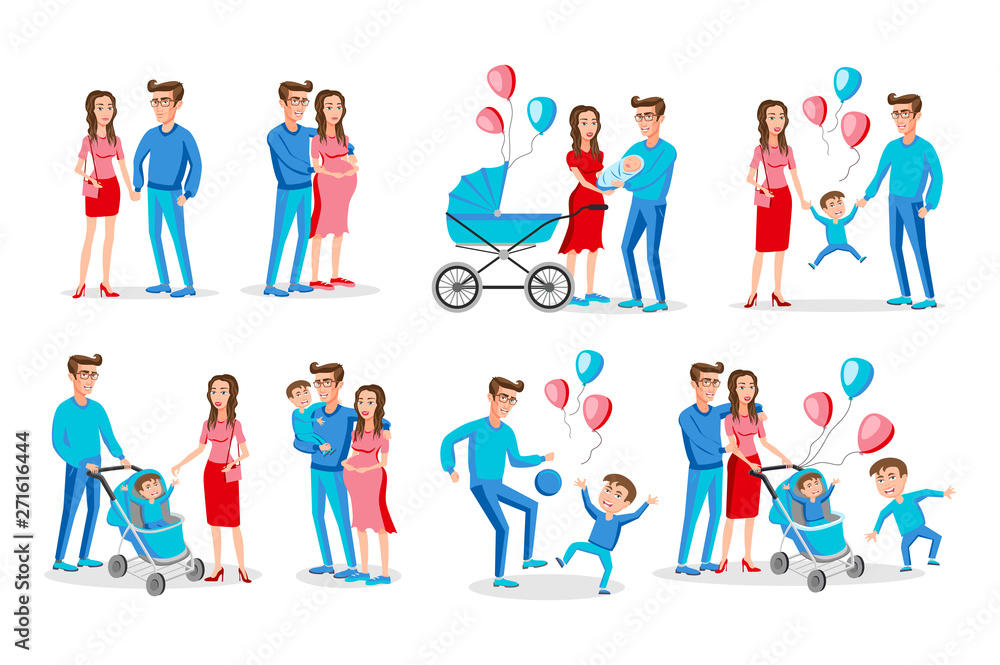 Set of characters showing the stages of development of the family. Creation, birth of children, care and upbringing. Mother, father and son. Vector illustration in a flat style