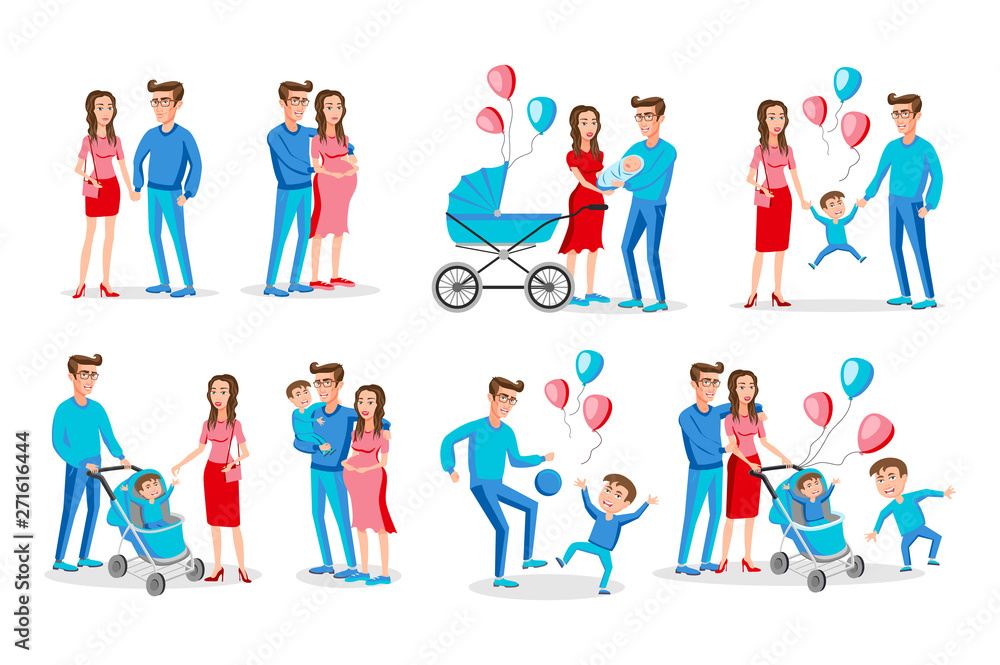 Fototapeta premium Set of characters showing the stages of development of the family. Creation, birth of children, care and upbringing. Mother, father and son. Vector illustration in a flat style