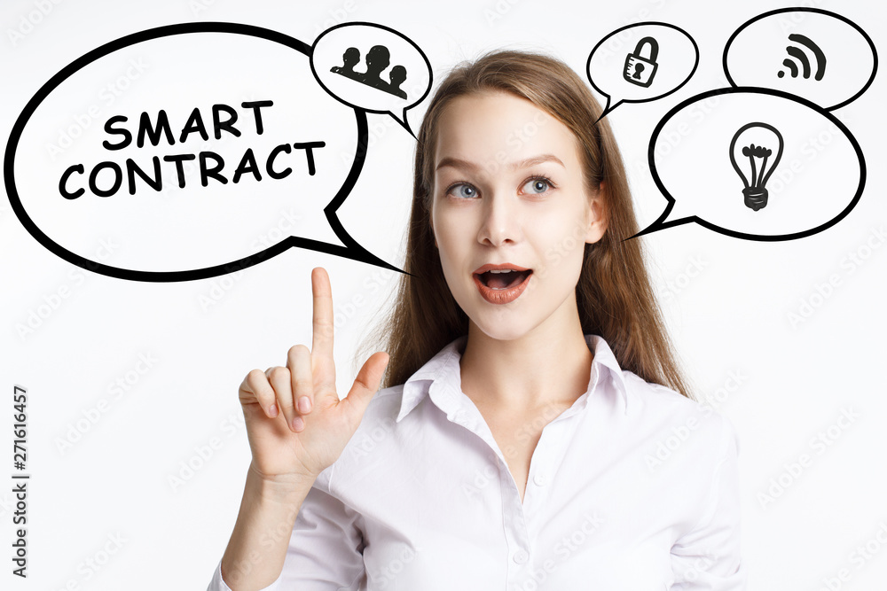 Business, technology, internet and networking concept. A young entrepreneur comes to mind the keyword: Smart contract