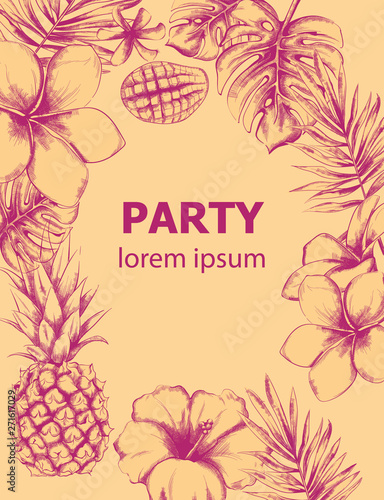 Pineapple and tropic flowers summer poster Vector line art. Pink colors