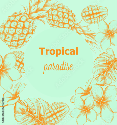 Pineapple and tropic flowers summer poster Vector line arts