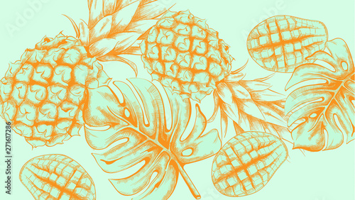 Pineapple tropic summer pattern Vector line arts. Exotic banner card template...