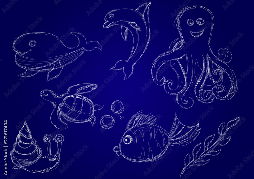 Set sketch sea animals on a white background. Vector illustration. Set sketch sea animals on a white background. Vector illustration.