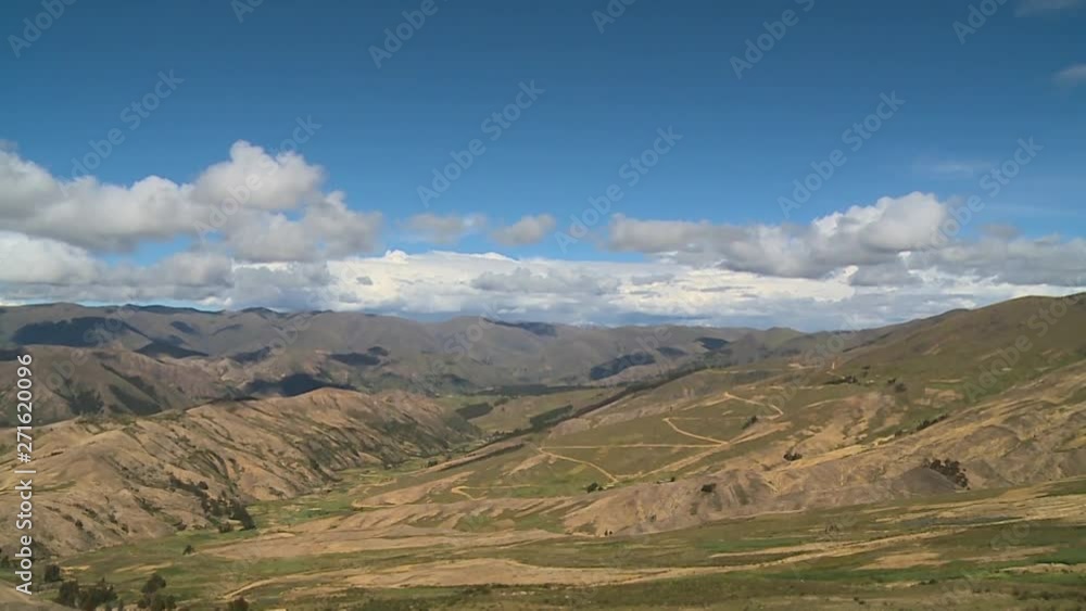 wide high-angle still shot of country side mountain ranges and s-curved remote road, Andes, Peru wide high-angle still shot of country side mountain ranges and s-curved remote road, Andes, Peru