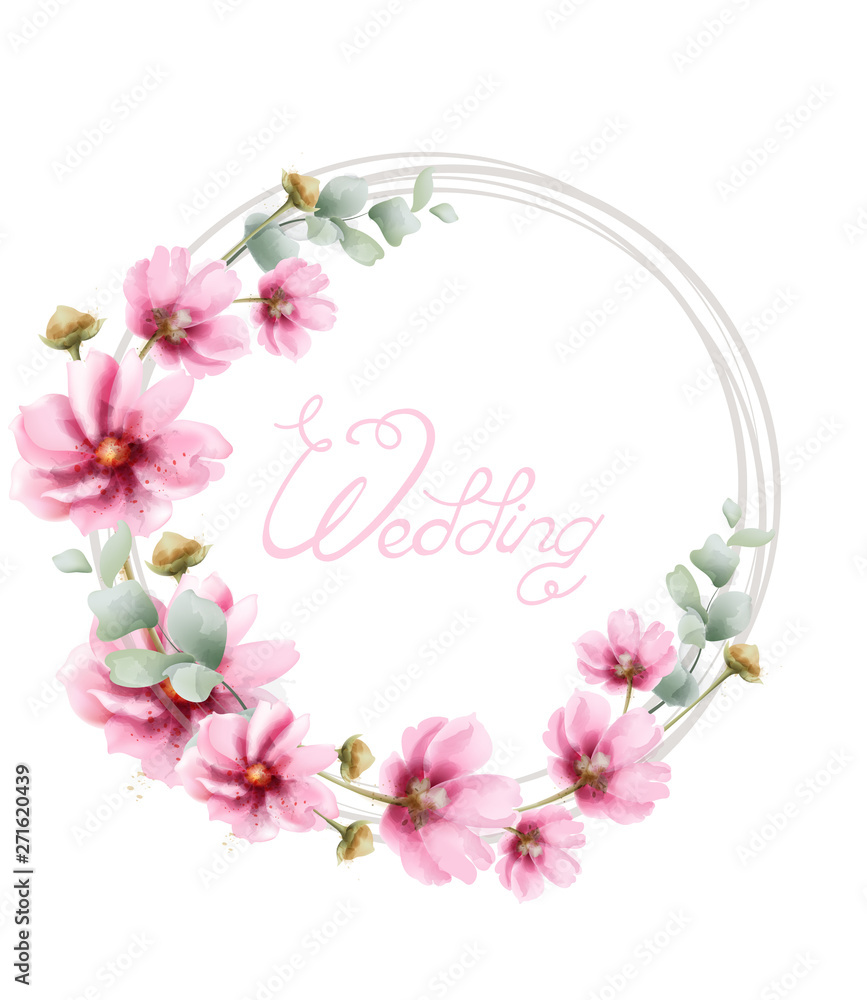 Wedding wreath with summer colorful flowers Vector watercolor card. Floral frame decors