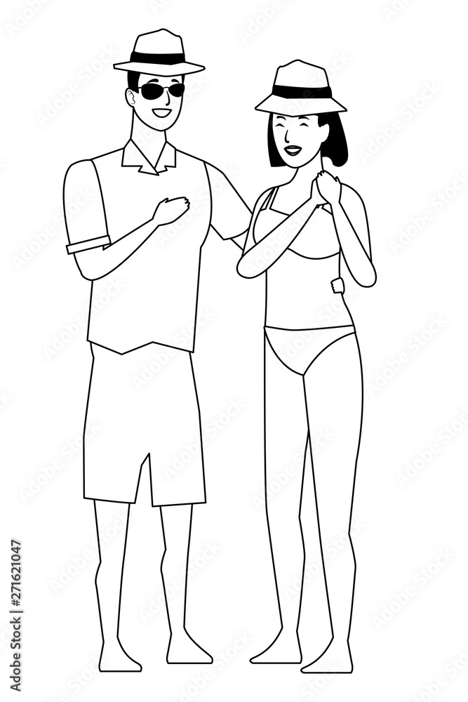 Young couple enjoying summer cartoons in black and white Young couple enjoying summer cartoons in black and white