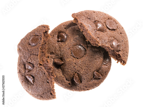 Top view of Chocolate cookies with chips isolated on white background, flat lay of dessert and sweet