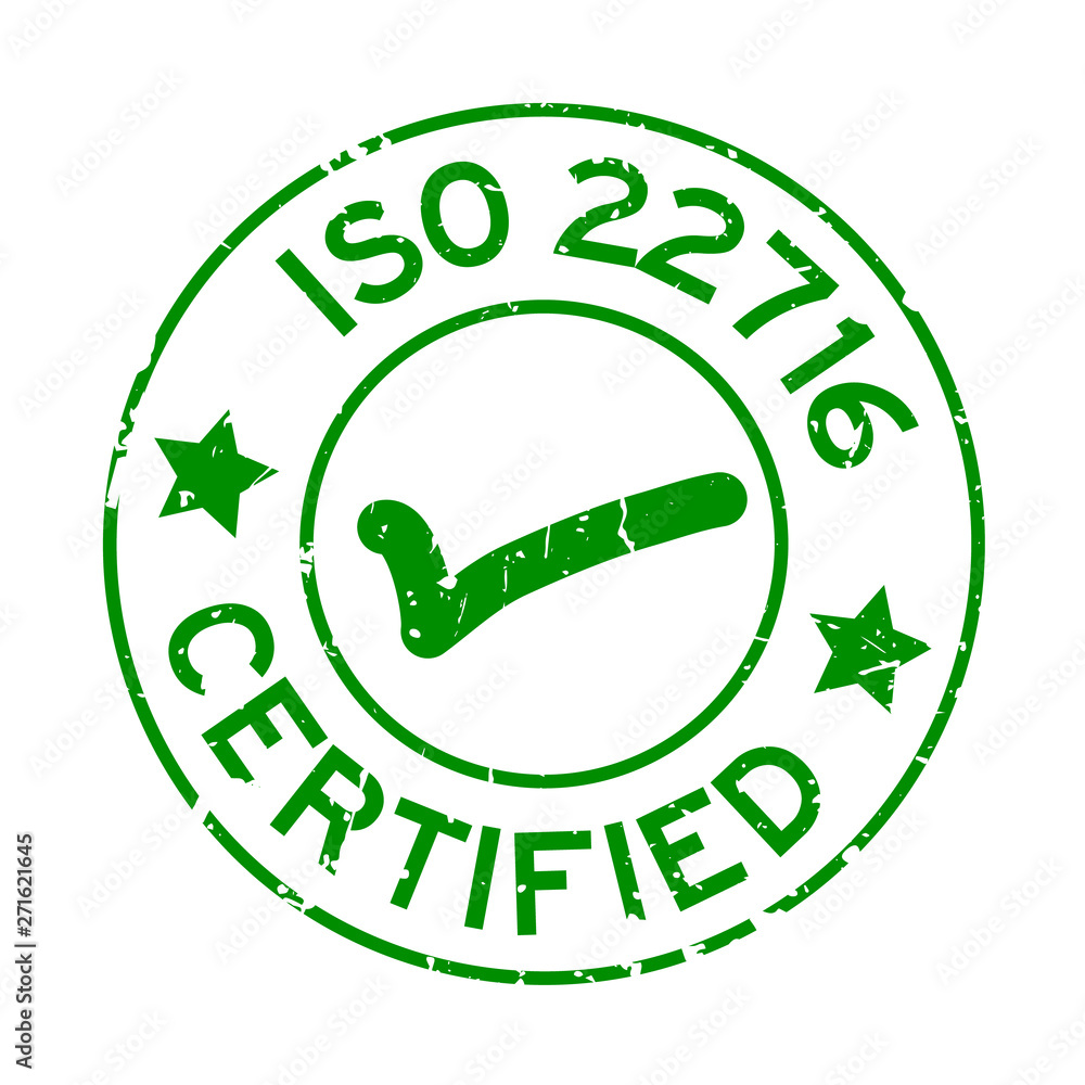 Grunge green ISO 22716 certified with mark icon round rubber seal stamp on white background Grunge green ISO 22716 certified with mark icon round rubber seal stamp on white background