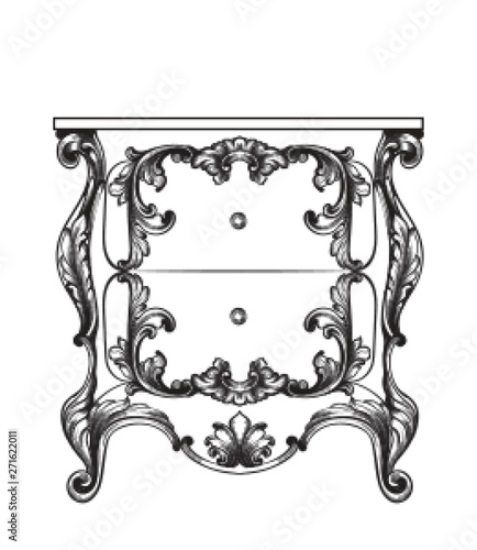 Baroque mirror and nightstand Vector line art. Ornamened decor designs
