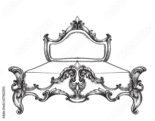 Baroque bed Vector line art. Ornamened decor designs. Luxury imperial royal styles
