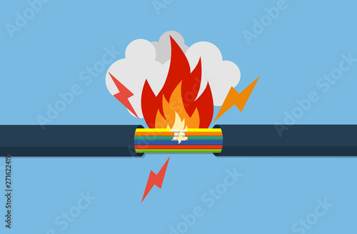 Wire is burning or fire damaged cable. Vector illustration flat icon