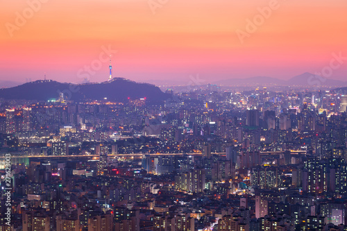 Seoul city skyline and skyscraper in downtown seoul  South Korea.