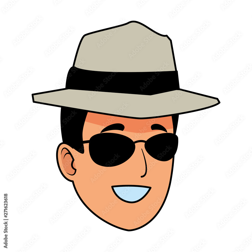 Young man with sunglasses and hat face cartoon