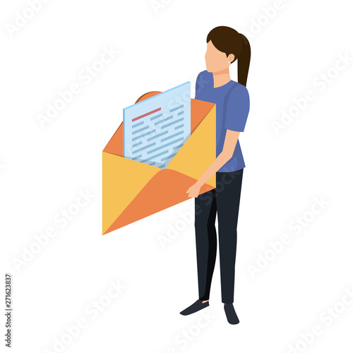 young woman lifting envelope mail send